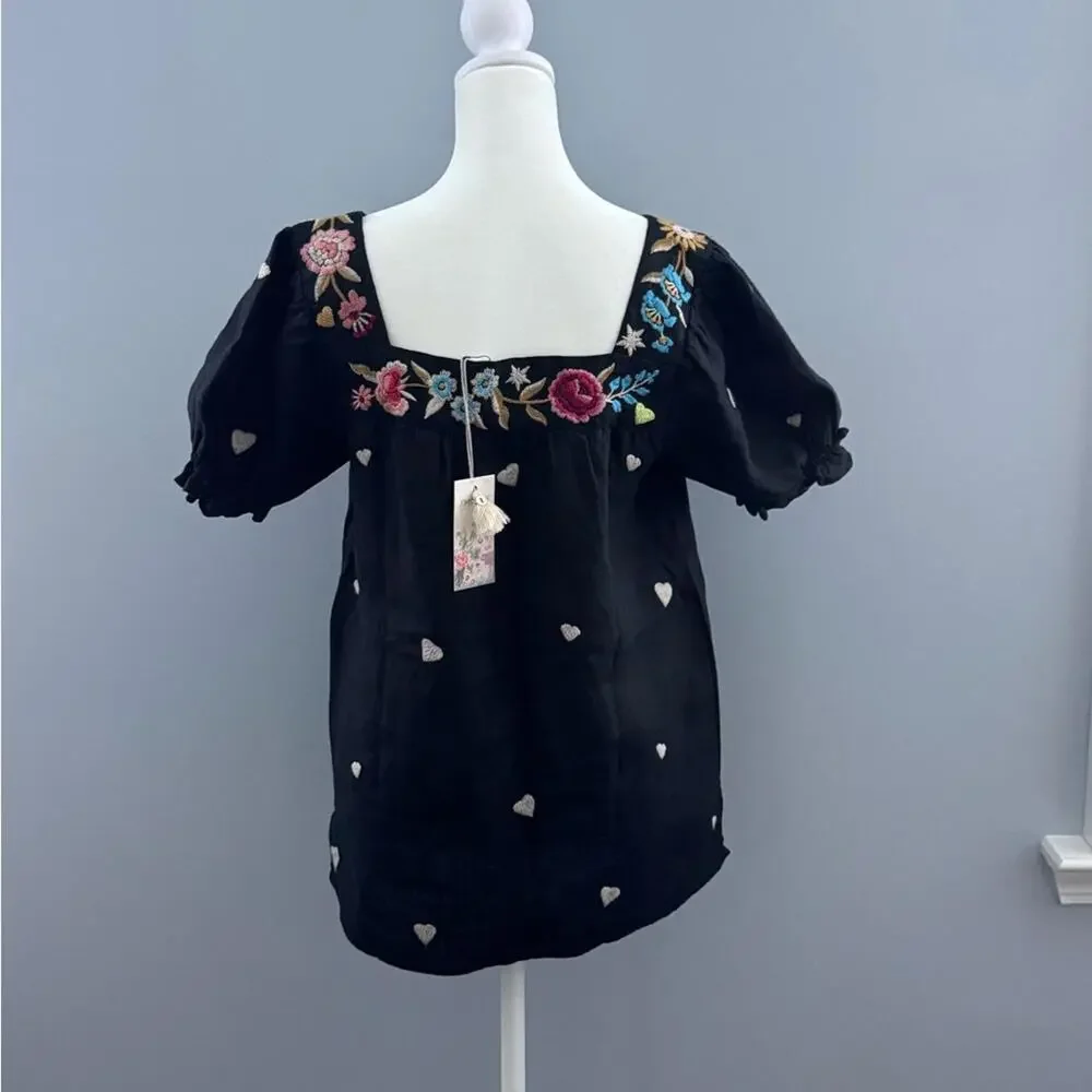 New With Tags Johnny Was Square Neck Puff Sleeve Linen Blouse XS